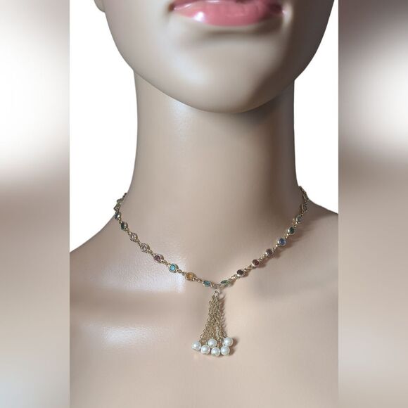 VINTAGE Pearls Colored Stones and Silver Necklace 12" - 16" - Picture 1 of 10